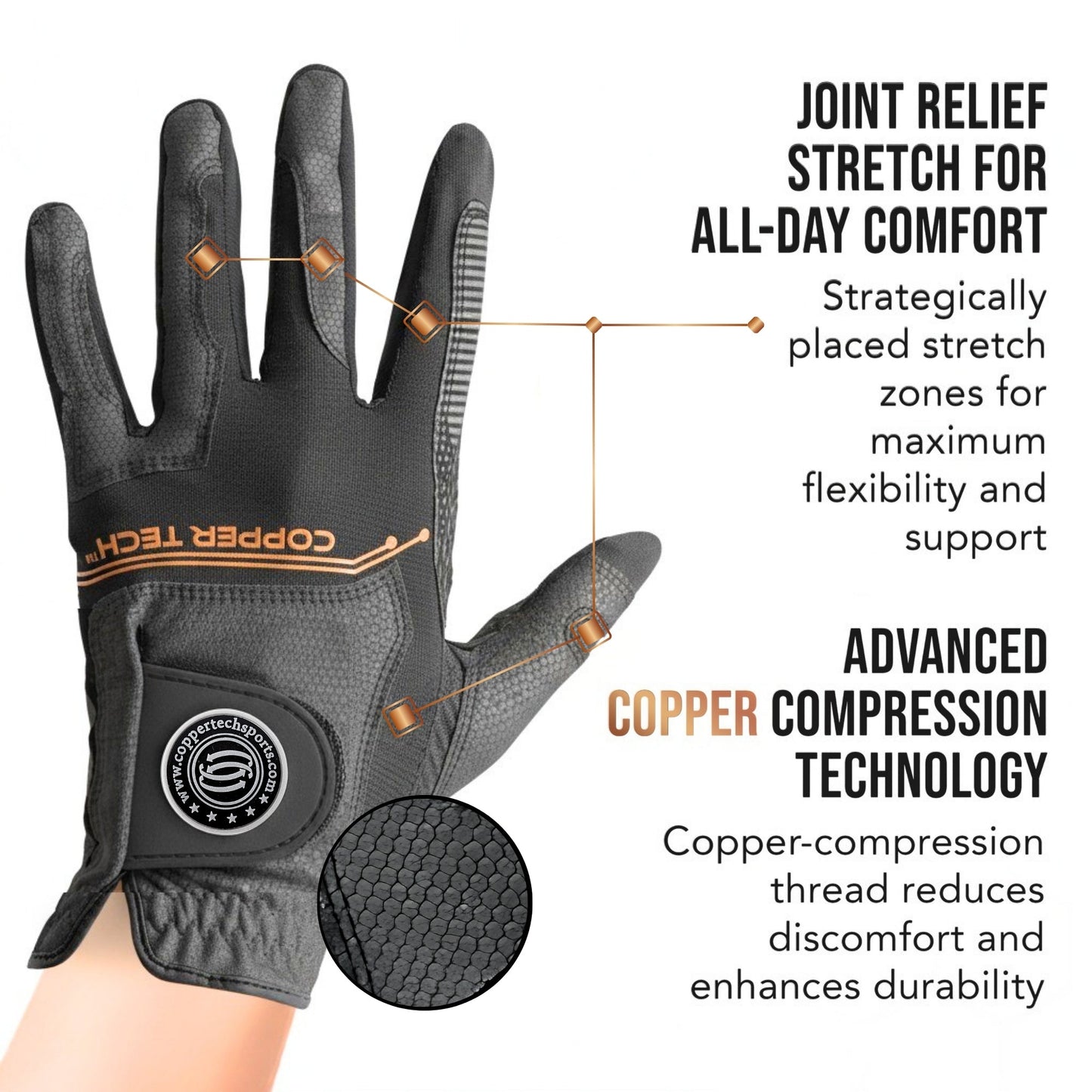 Copper Tech Men's Golf Gloves 2-Pack (White/Black, White/Royal Blue. Charcoal/Gray)