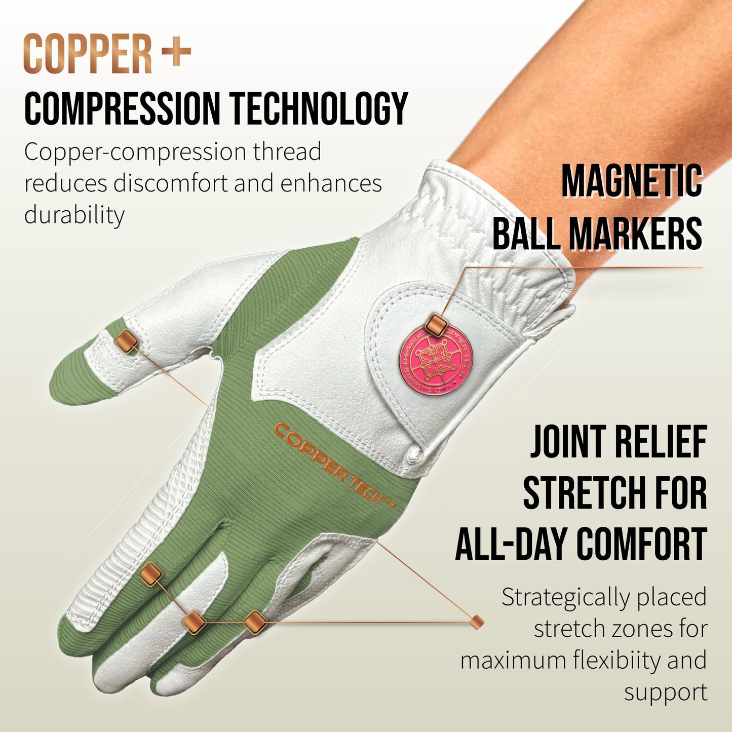 Copper Tech Plus Women's Golf Gloves [Worn on Right Hand]