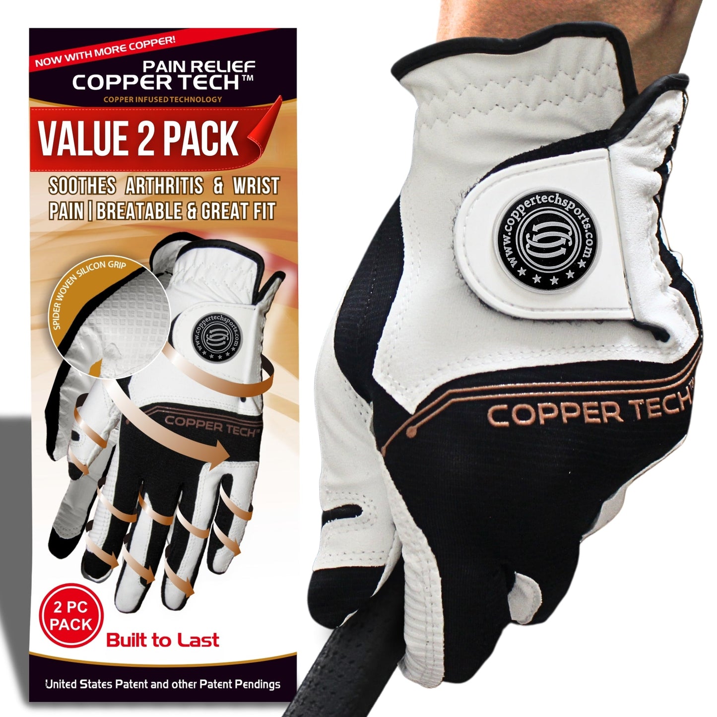 Copper Tech Men's Golf Gloves 2-Pack (White/Black, White/Royal Blue. Charcoal/Gray)