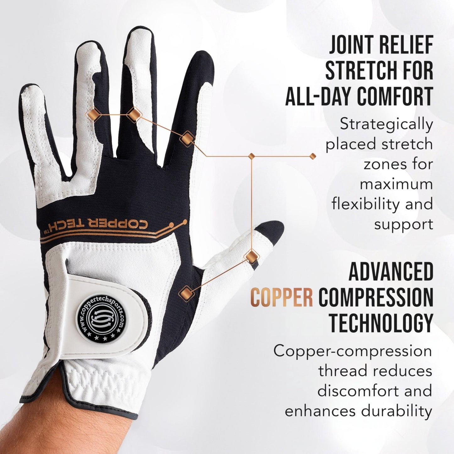 Copper Tech Men's Golf Gloves 2-Pack (White/Black, White/Royal Blue. Charcoal/Gray)