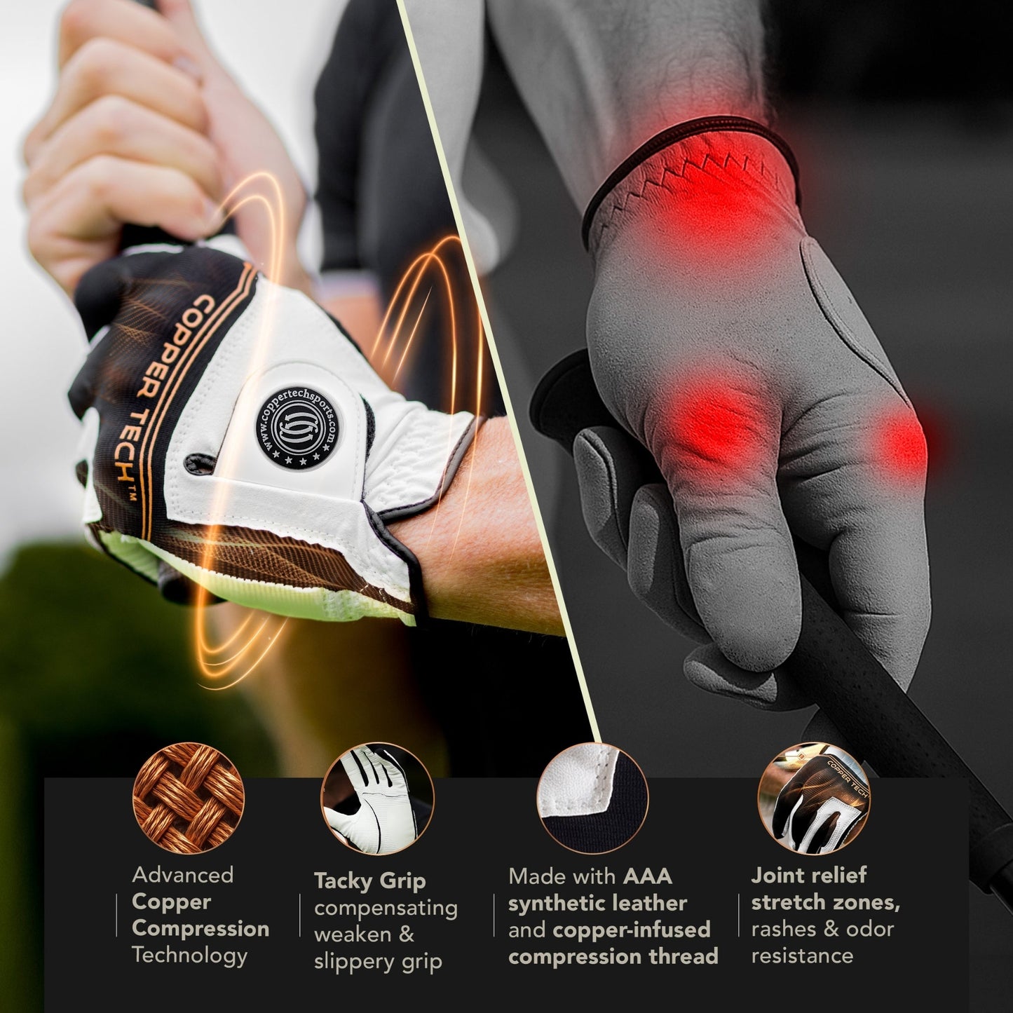 Copper Tech Men's Golf Gloves 2-Pack (White/Black, White/Royal Blue. Charcoal/Gray)