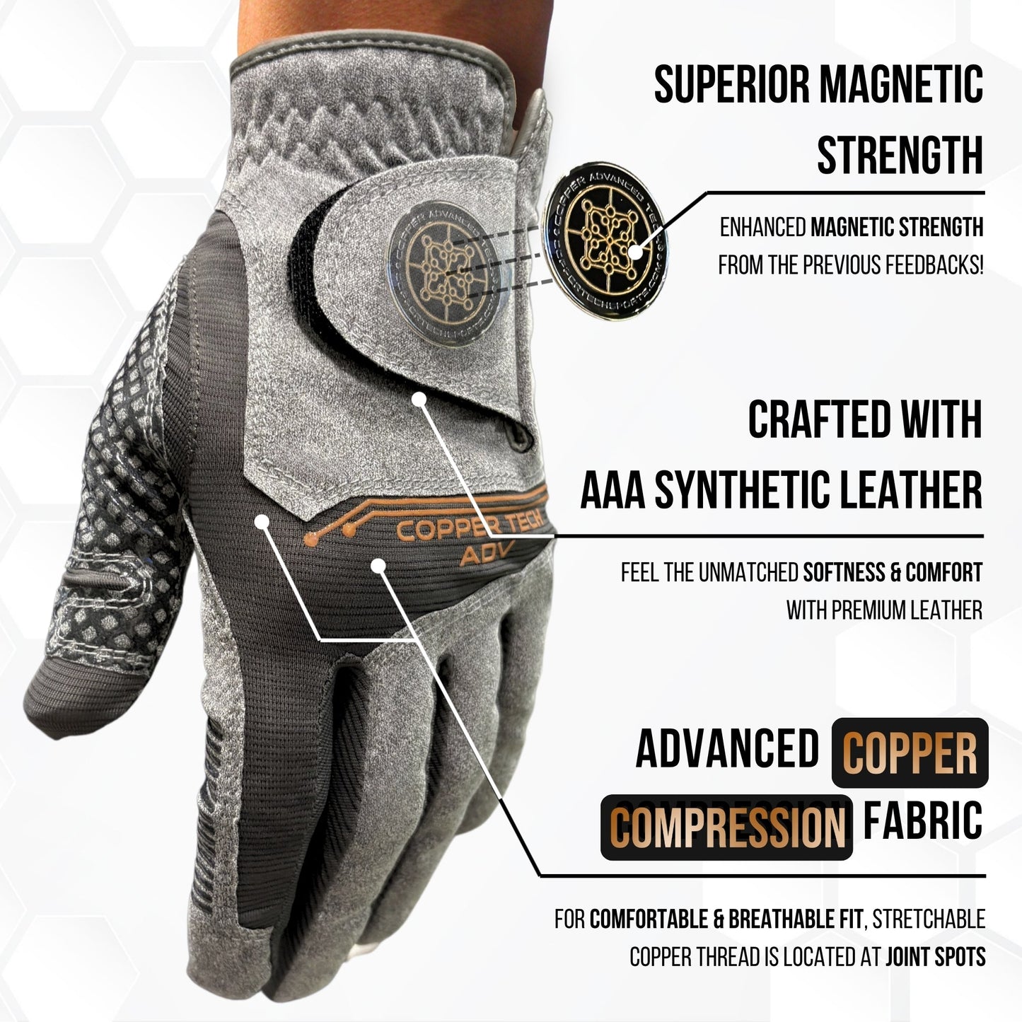 Copper Advanced Tech 2.0 Men's Golf Gloves [Worn on Left Hand]