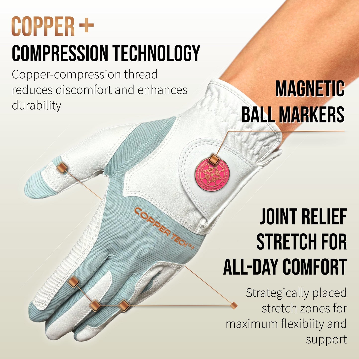 Copper Tech Plus Women's Golf Gloves [Worn on Right Hand]