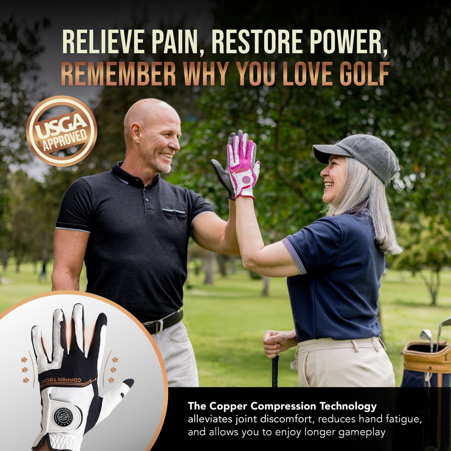 Copper Tech Men's Golf Gloves 2-Pack (White/Black, White/Royal Blue. Charcoal/Gray)