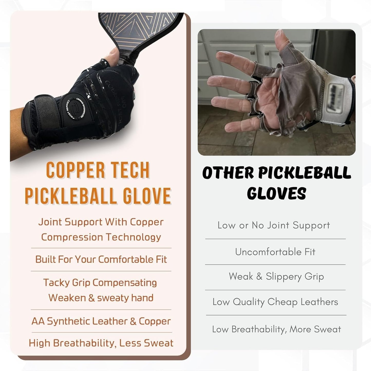 Copper Tech Pro Pickleball Gloves for Men & Women | Advanced Joint Support with Copper Compression | Built with AAA Synthetic Leather Tennis, Badminton, & Racquetball Glove
