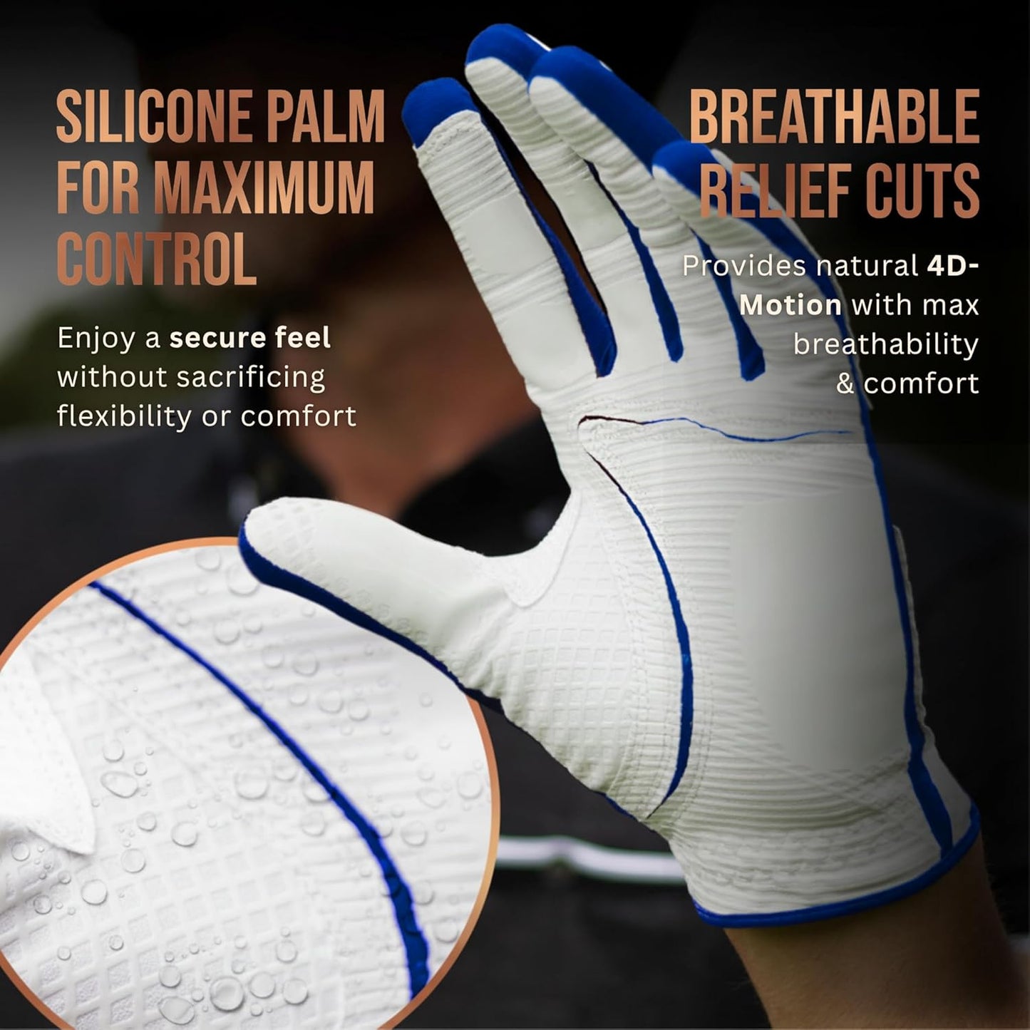 Copper Tech Men's Golf Gloves 2-Pack (White/Black, White/Royal Blue. Charcoal/Gray)