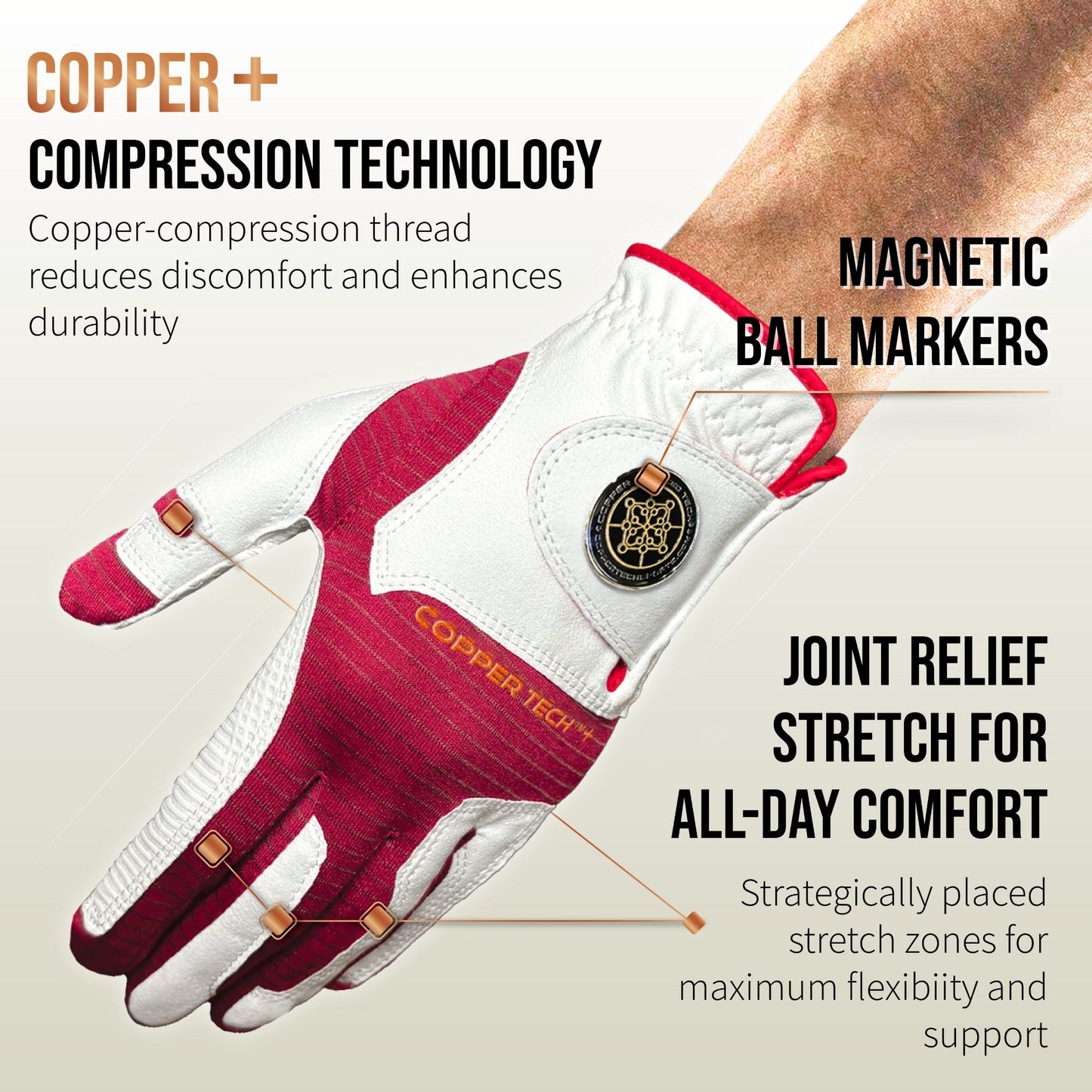 Copper Tech Plus Men's Golf Gloves [Worn on Right Hand]