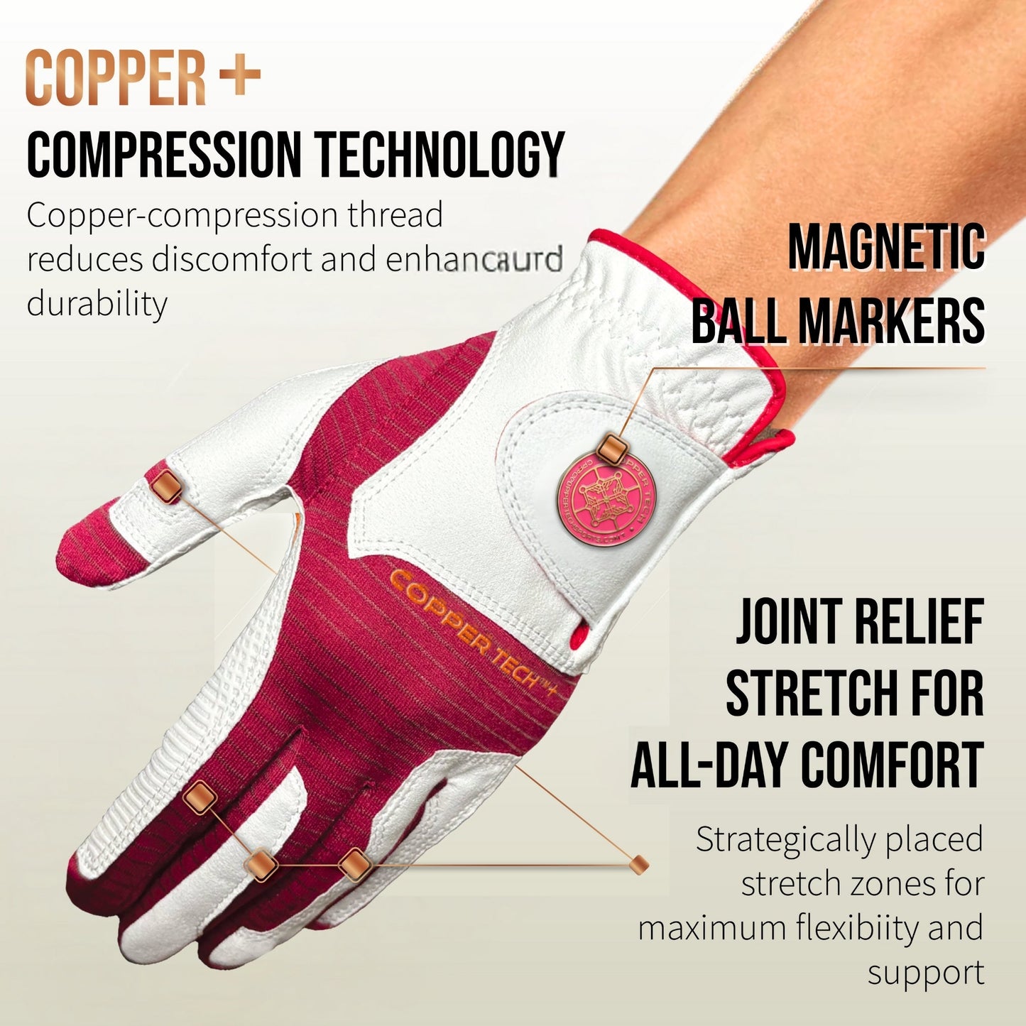 Copper Tech Plus Women's Golf Gloves [Worn on Right Hand]