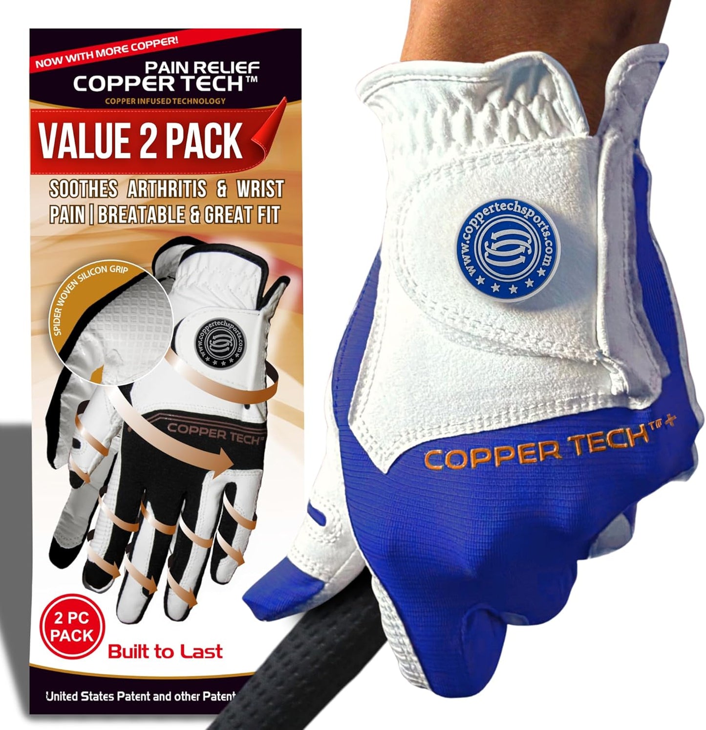 Copper Tech Men's Golf Gloves 2-Pack (White/Black, White/Royal Blue. Charcoal/Gray)