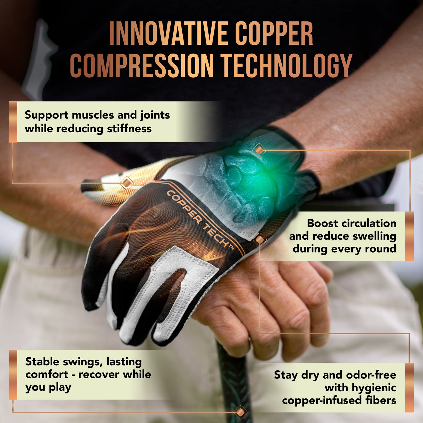 Copper Tech Men's Golf Gloves 2-Pack (White/Black, White/Royal Blue. Charcoal/Gray)