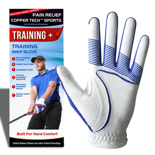 Copper Tech Golf Grip Training Gloves Men's Left OR Right Hand White/Royal Blue with Ball Marker