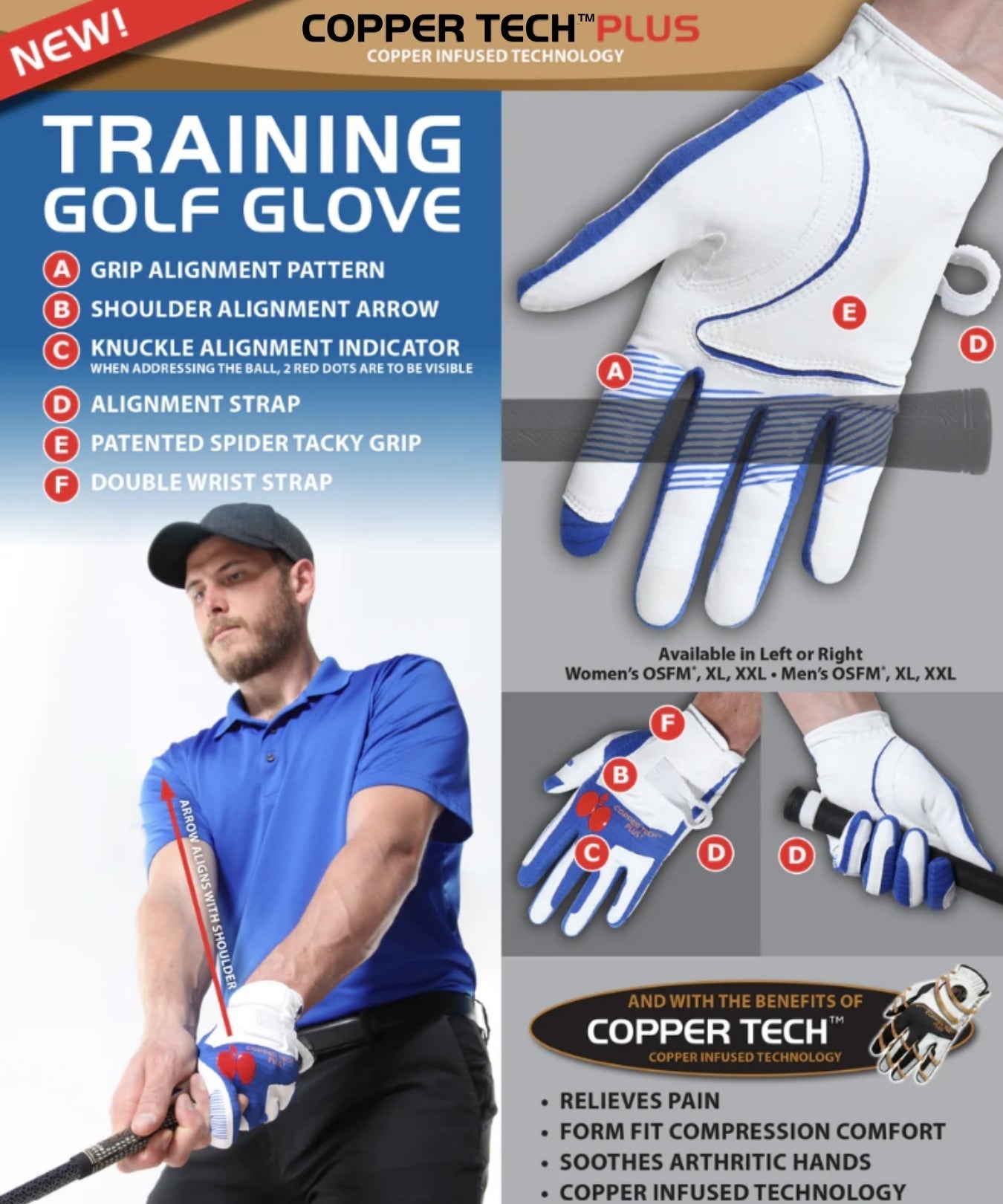 Copper Tech Golf Grip Training Gloves Men's Left OR Right Hand White/Royal Blue with Ball Marker